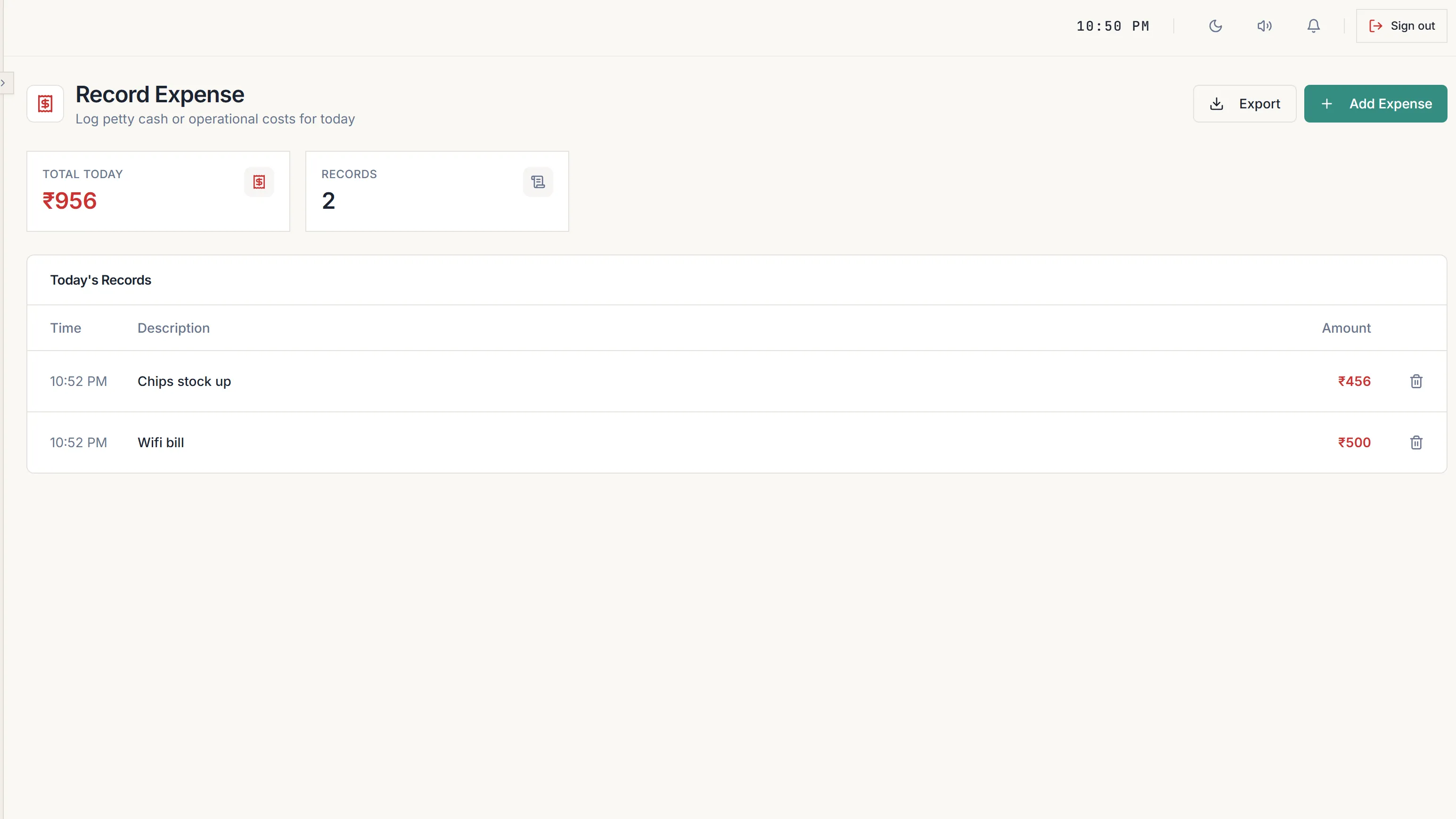 The Record Expense screen with today total, the number of records, and each expense listed with its time and amount.