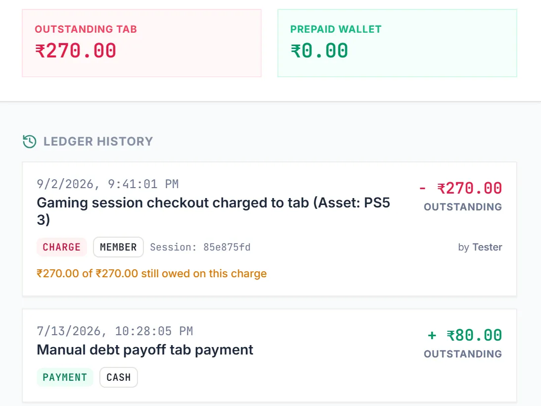 A member ledger listing dated charges and payments with running balance.