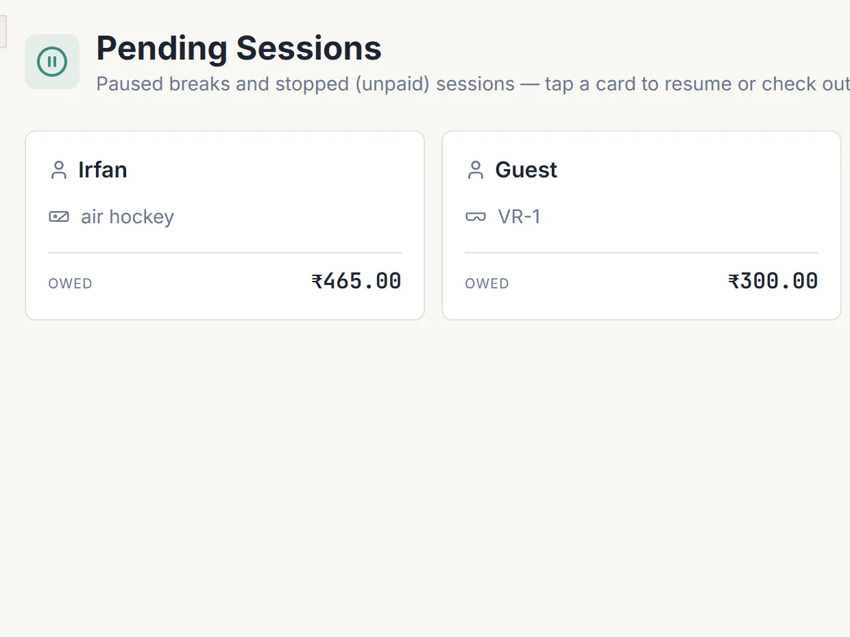 The Pending Sessions screen listing paused and stopped sessions with the device each was on and the amount still owed.