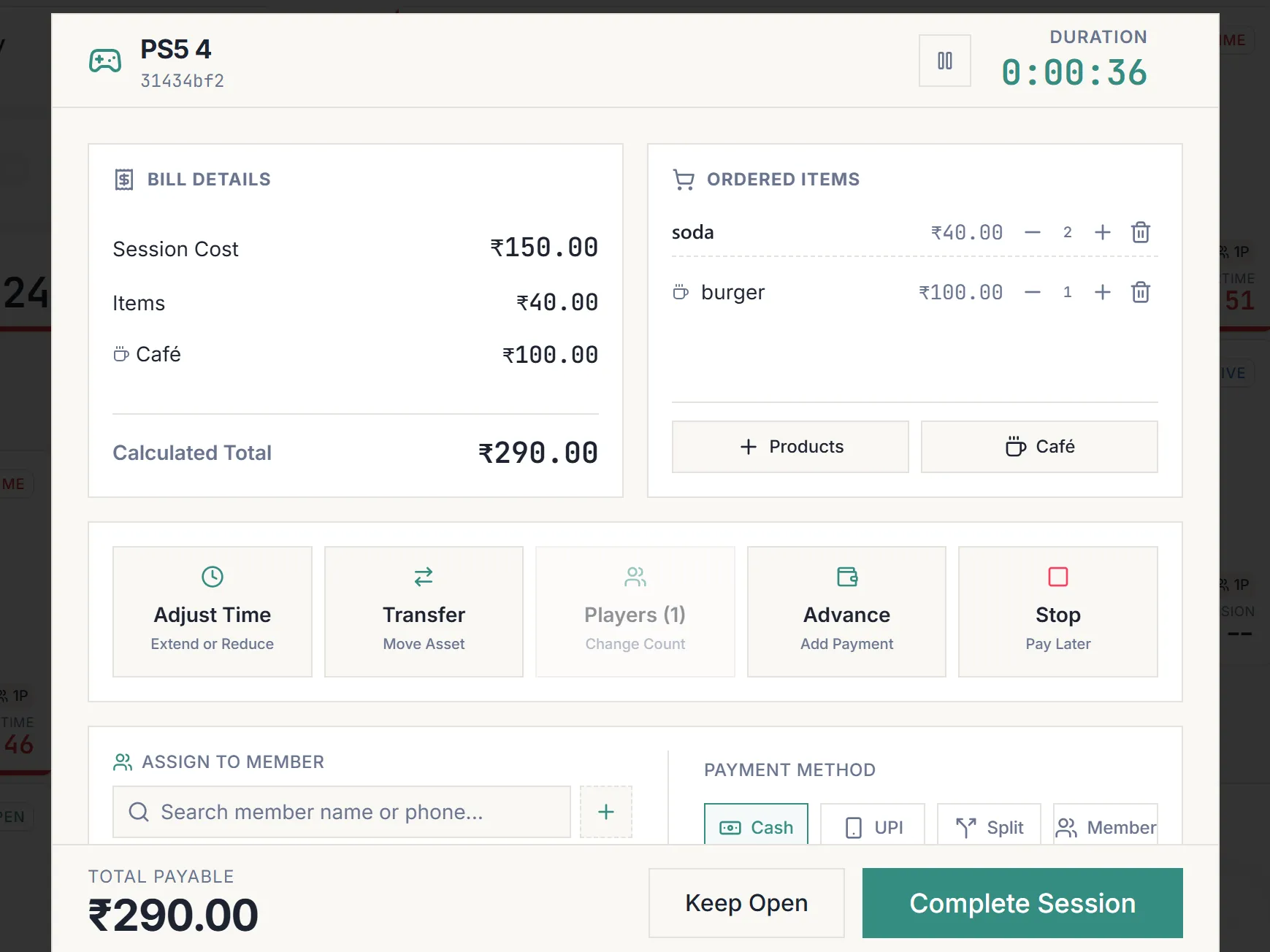 Adding café items and products to an open session from the session dialog.