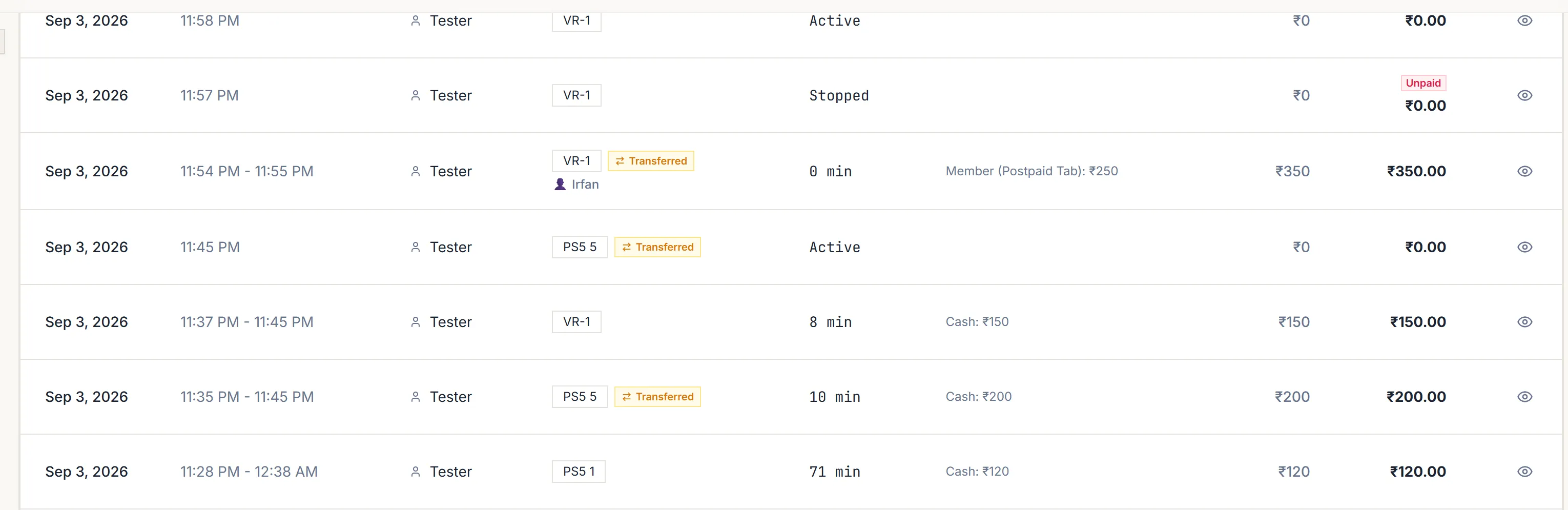 The session log listing past sessions with their device, duration and total.